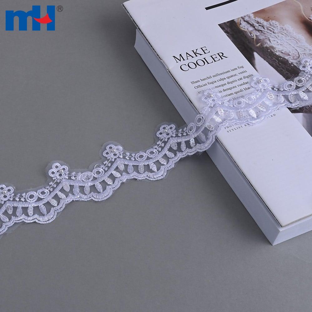 Elegante borde de encaje de malla bordado de 4 cm de diámetro con perlas