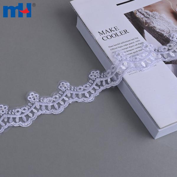 Elegante borde de encaje de malla bordado de 4 cm de diámetro con perlas