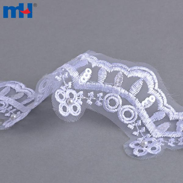 Elegante borde de encaje de malla bordado de 4 cm de diámetro con perlas