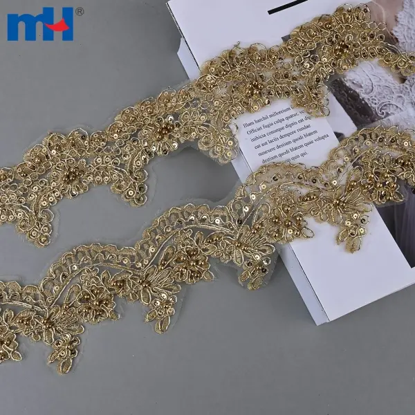Luxurious metallic gold lace edge with sequins and beads