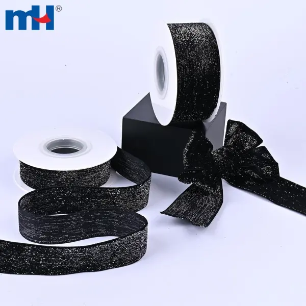 Shiny nylon velvet ribbon with shiny metallic threads