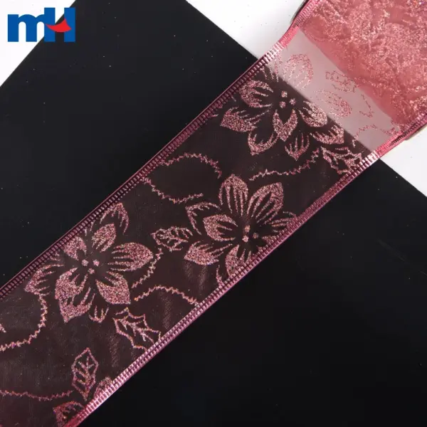 Cinta navideña de organza con alambre.