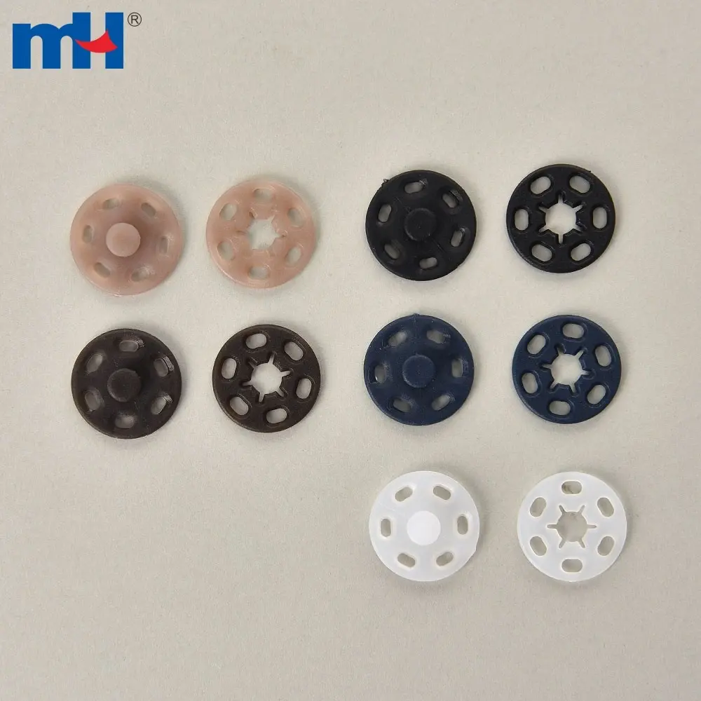 Sew-on plastic buttons, snap clasps and push buttons