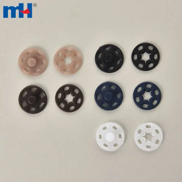 Sew-on plastic buttons, snap clasps and push buttons