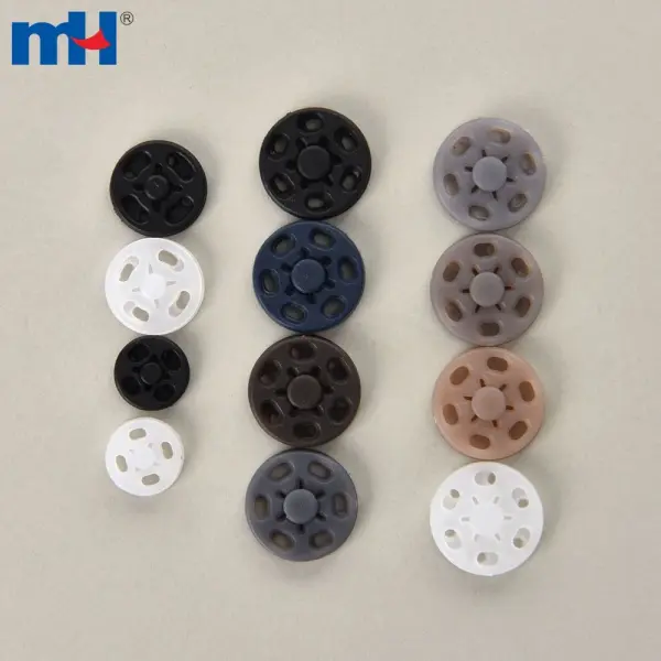 Sew-on plastic buttons, snap clasps and push buttons