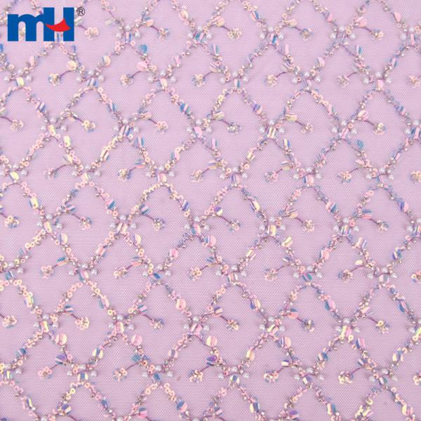 Wedding lace fabric decorated with sequins and pearls