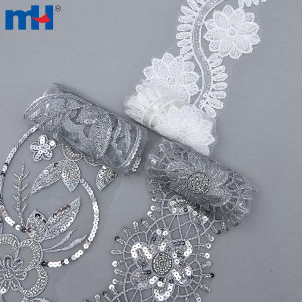 Lace mesh trim with sequined lace band