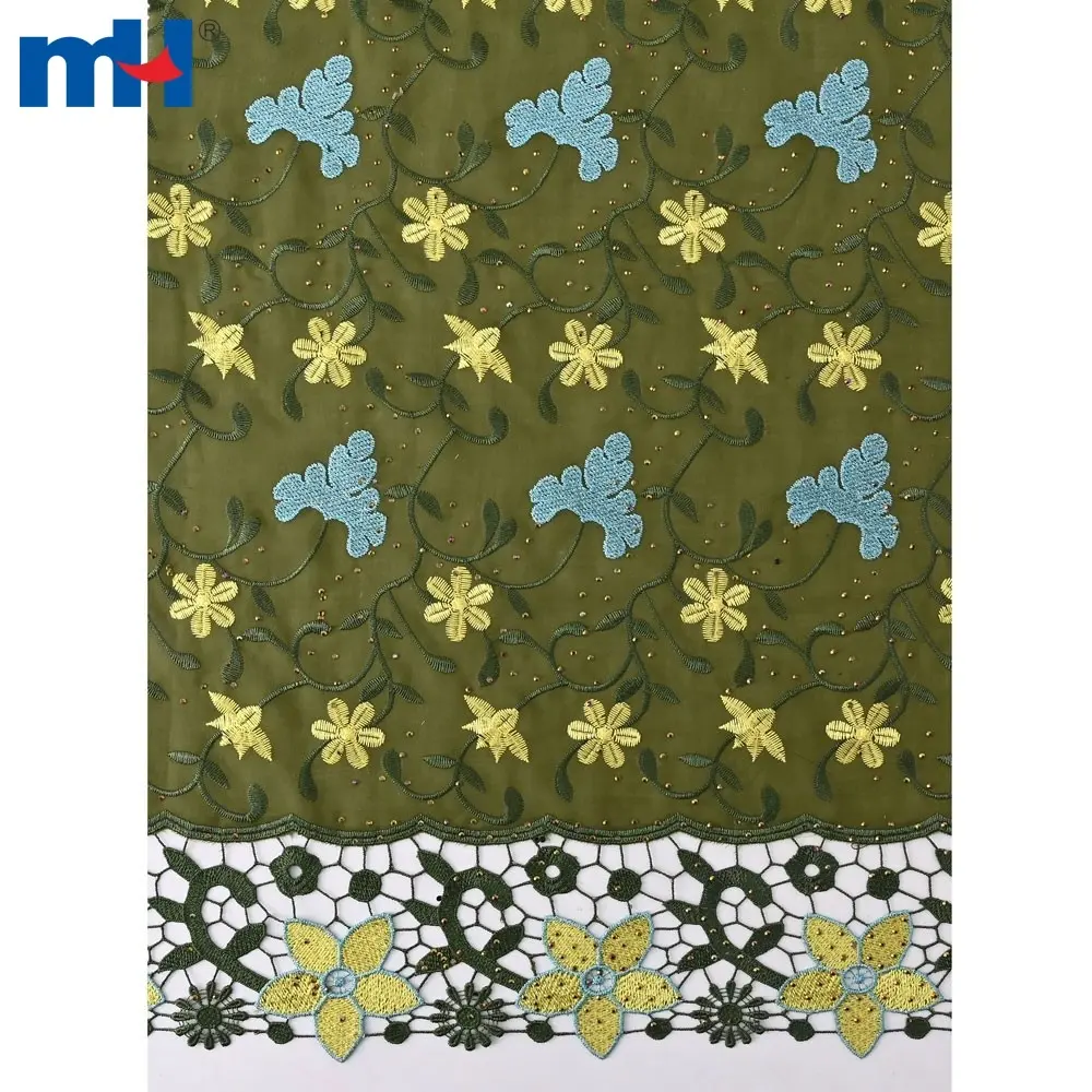 Olive and aqua blue floral embroidered lace with rhinestones