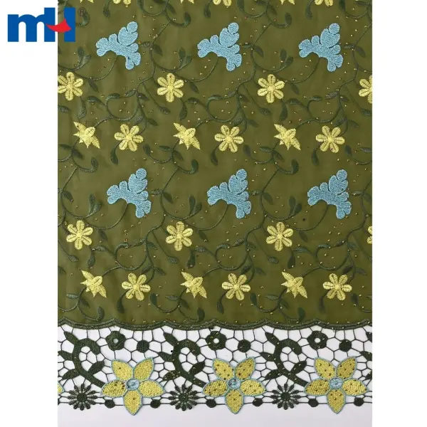 Olive and aqua blue floral embroidered lace with rhinestones